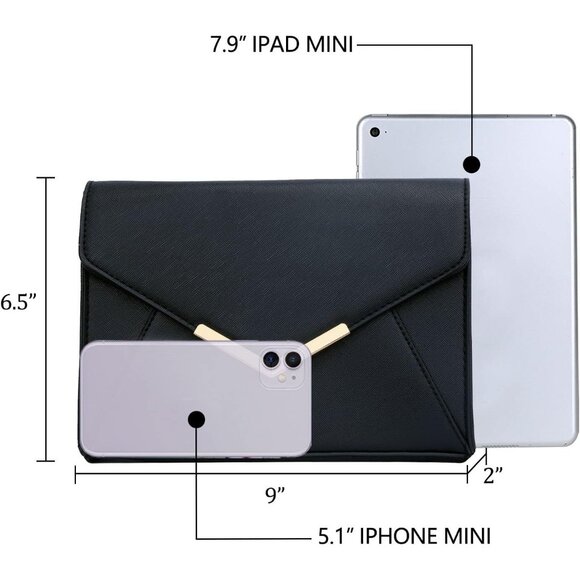 ⚡ Women's Black Leather Elegant Snap Closure Envelope Foldover Clutch Bag - Picture 6 of 7